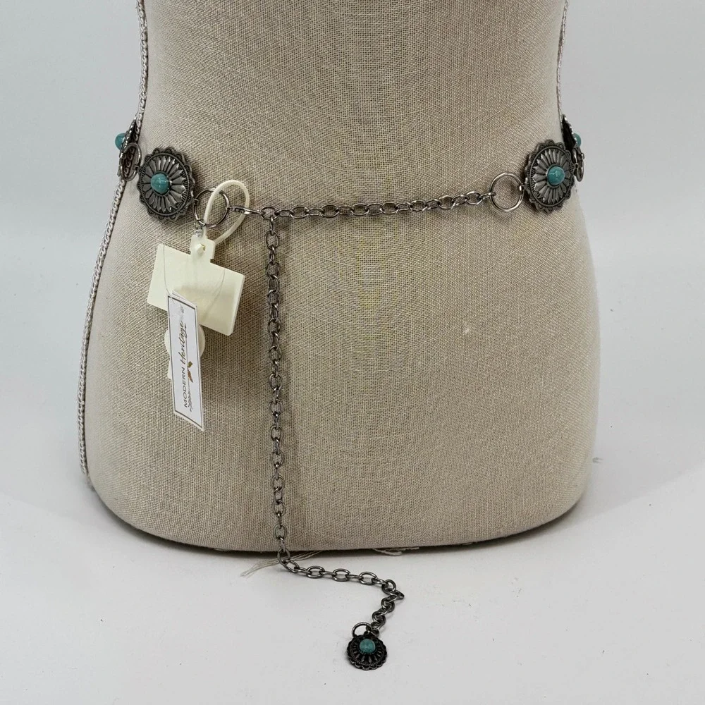 Western Heritage Chain Belt Women M/L Silver Turquoise  Concho  Boho Cowgirl